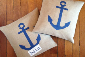 Coussin lin "BAIN" / Ancre bleue - 40x40cm
