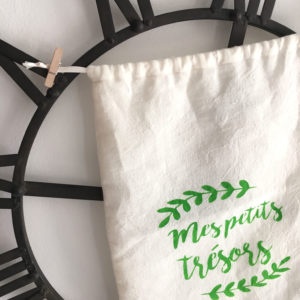 Pochon lin " Mes petits trésors" - Vert